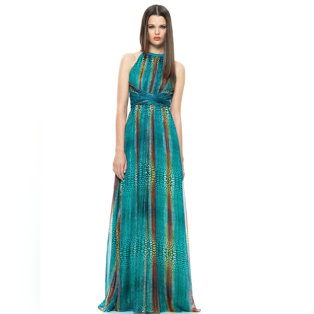 Issa London snake print chiffon gown, blue and gold, size 6